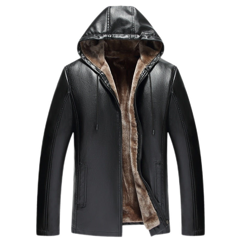 Autumn And Winter New Hooded Warm Leather Jacket Men's Fur One Plus Velvet Thickening Motorcycle Leather Jacket